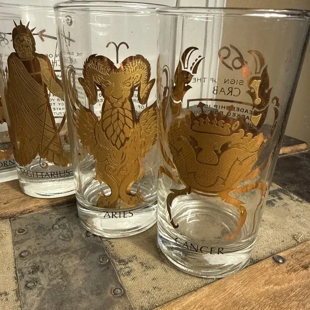 Vintage Glass Zodiac Tumblers 22k Gold Astrology